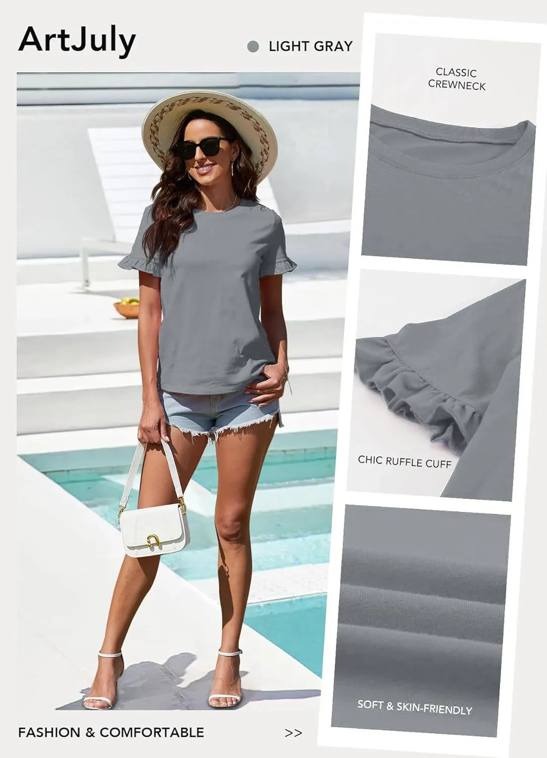 Women's Summer T-Shirts Cute Short Sleeve Tops Ruffle Basic Tees Shirts Casual Blouses