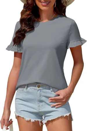 Women's Summer T-Shirts Cute Short Sleeve Tops Ruffle Basic Tees Shirts Casual Blouses