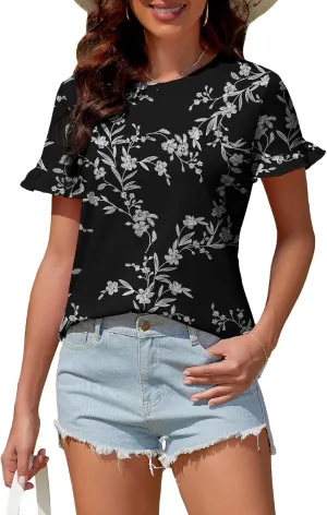 Women's Summer T-Shirts Cute Short Sleeve Tops Ruffle Basic Tees Shirts Casual Blouses