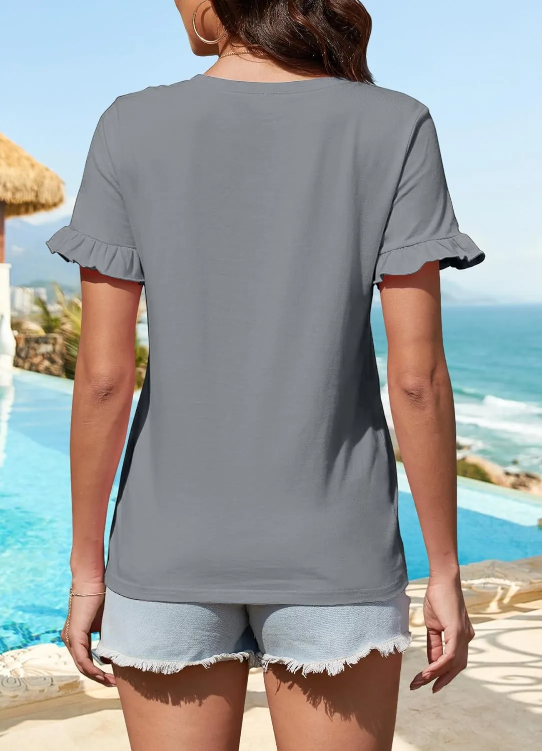 Women's Summer T-Shirts Cute Short Sleeve Tops Ruffle Basic Tees Shirts Casual Blouses