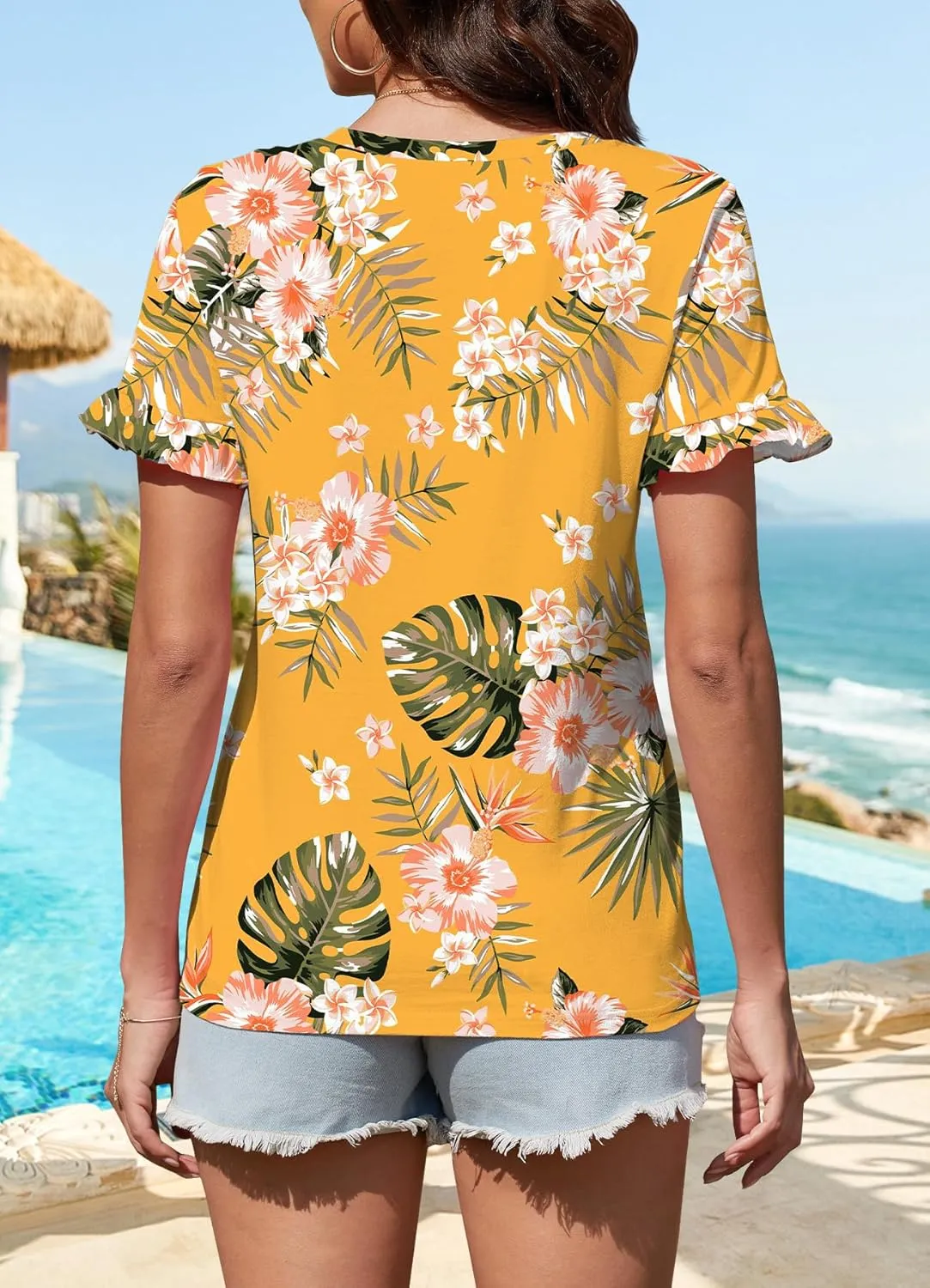Women's Summer T-Shirts Cute Short Sleeve Tops Ruffle Basic Tees Shirts Casual Blouses
