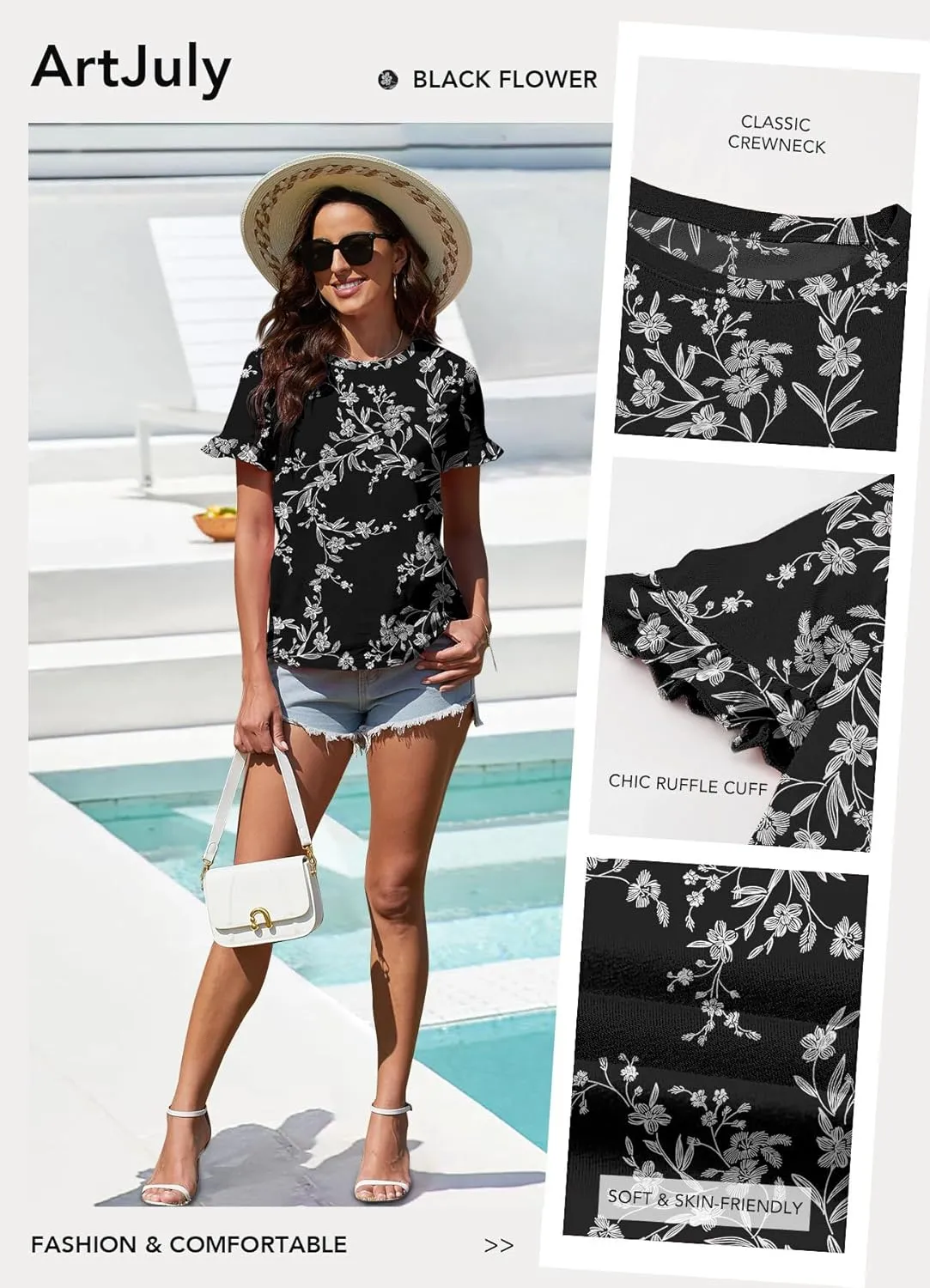 Women's Summer T-Shirts Cute Short Sleeve Tops Ruffle Basic Tees Shirts Casual Blouses