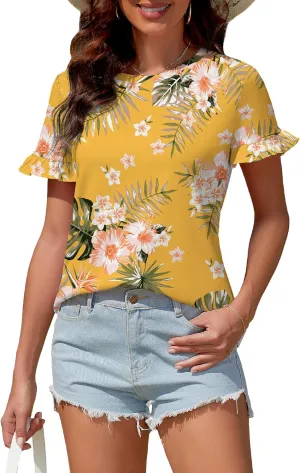 Women's Summer T-Shirts Cute Short Sleeve Tops Ruffle Basic Tees Shirts Casual Blouses