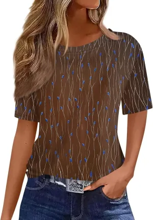 Womens Summer Tops 2025 Short Sleeve Crew Neck T Shirts Casual Blouses Cute Printed Tees Loose Trendy Outfits