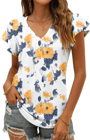 Women's Summer Tops Ruffle Sleeve V Neck Tunic Shirts Business Casual Flowy Blouses for Women