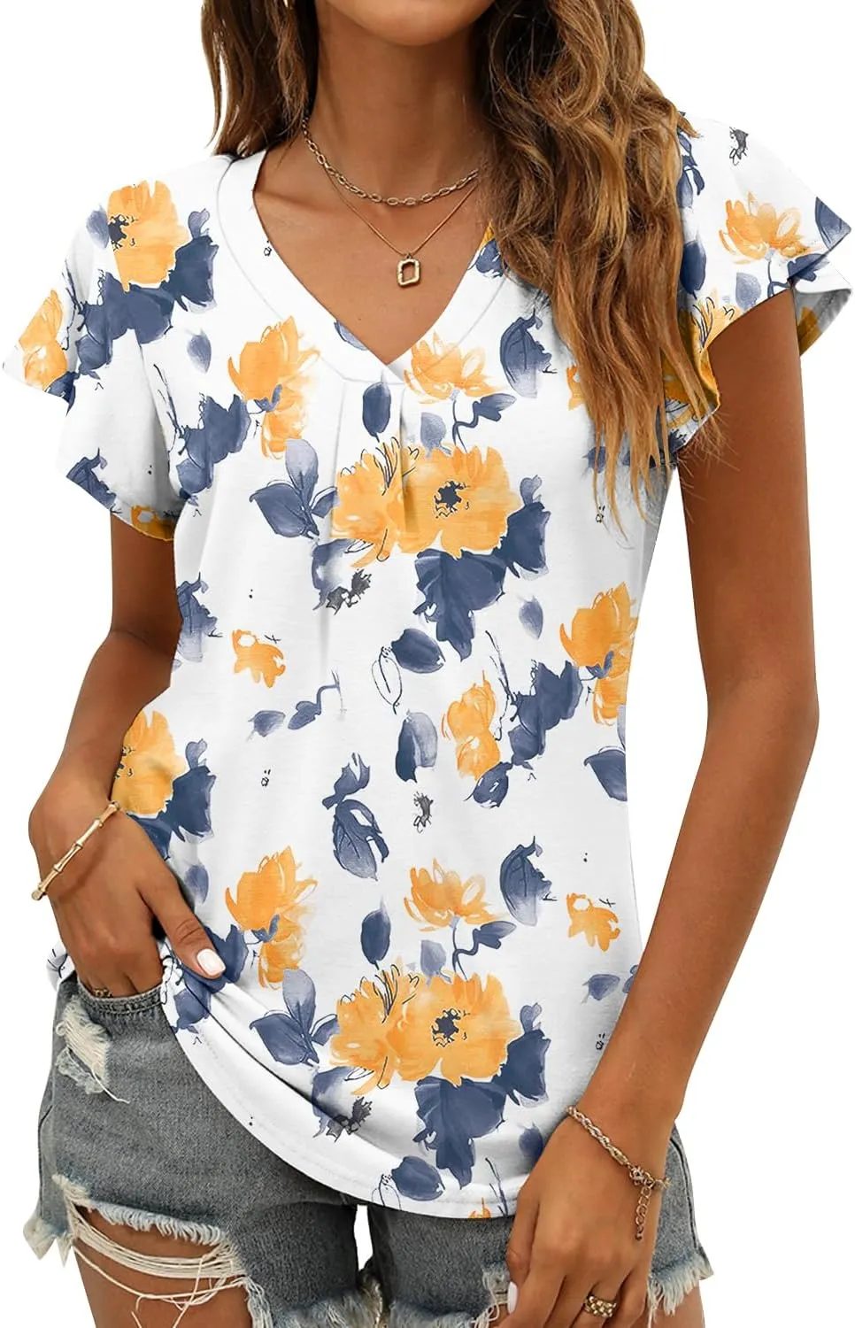 Women's Summer Tops Ruffle Sleeve V Neck Tunic Shirts Business Casual Flowy Blouses for Women