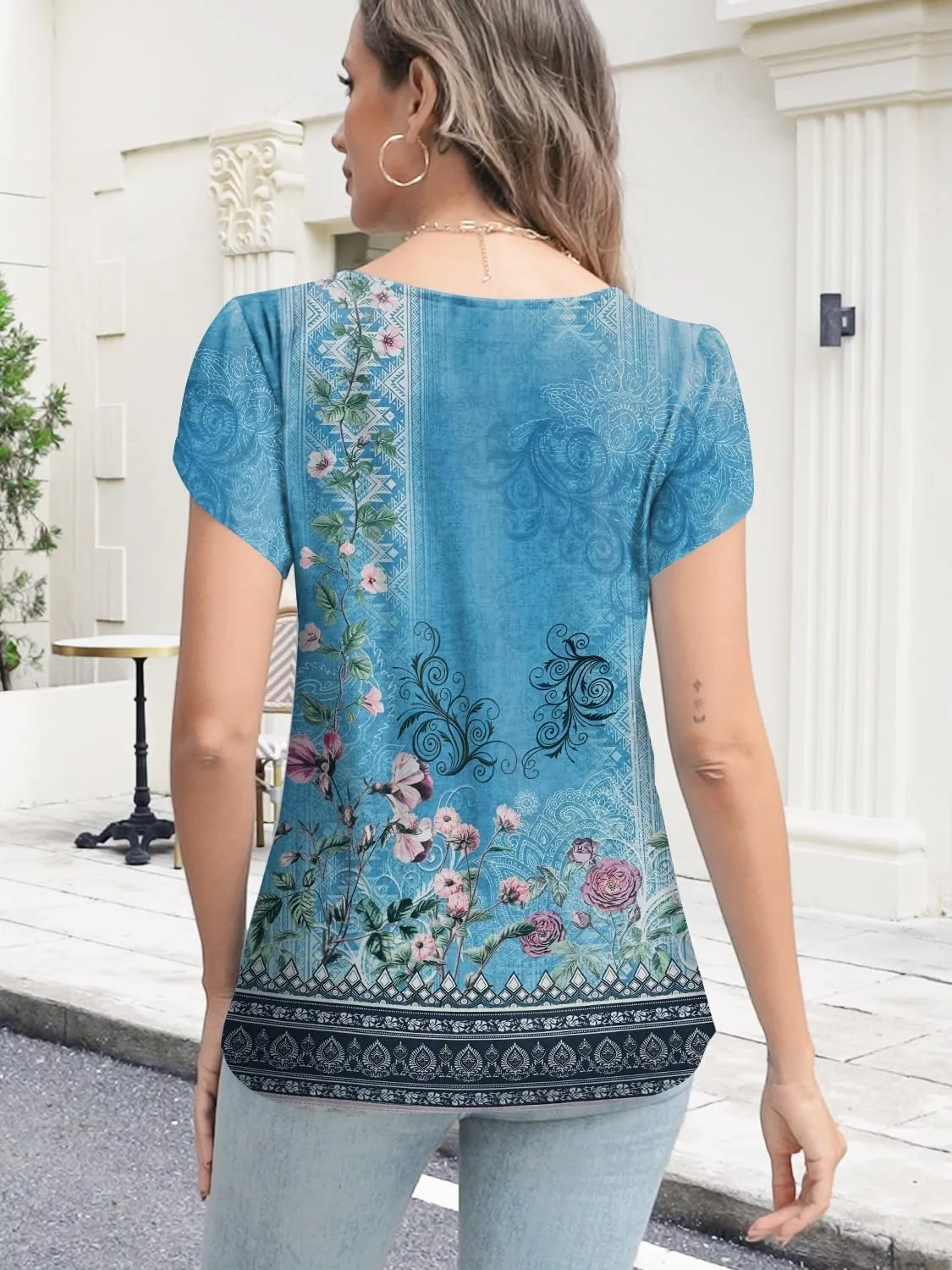Womens Summer Tops Seashell Edge V Neck Shirts Petal Short Sleeve Top Dressy Casual Tunic Blouses