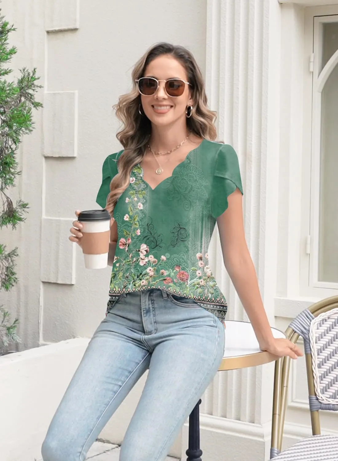 Womens Summer Tops Seashell Edge V Neck Shirts Petal Short Sleeve Top Dressy Casual Tunic Blouses