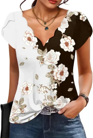 Womens Summer Tops Seashell Edge V Neck Shirts Petal Short Sleeve Top Dressy Casual Tunic Blouses