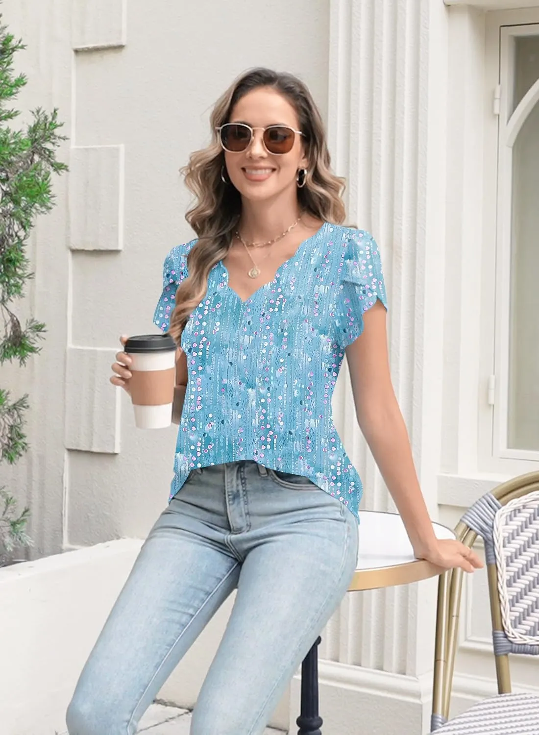 Womens Summer Tops Seashell Edge V Neck Shirts Petal Short Sleeve Top Dressy Casual Tunic Blouses