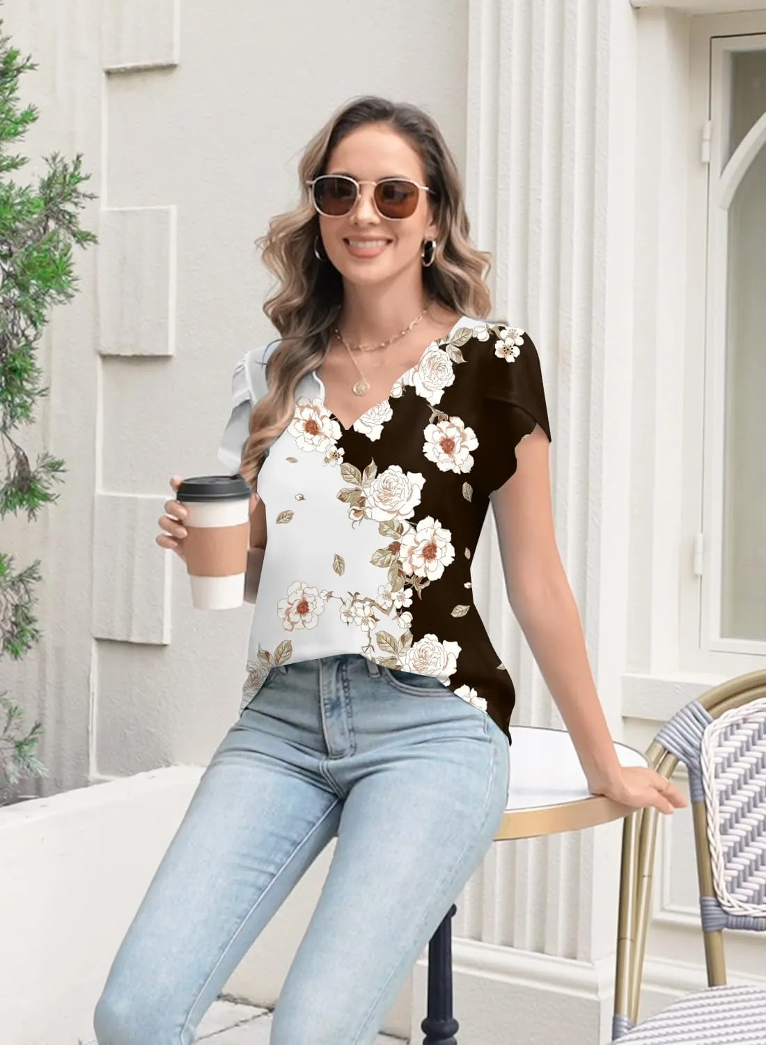 Womens Summer Tops Seashell Edge V Neck Shirts Petal Short Sleeve Top Dressy Casual Tunic Blouses