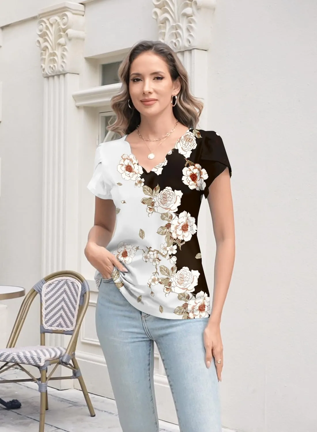 Womens Summer Tops Seashell Edge V Neck Shirts Petal Short Sleeve Top Dressy Casual Tunic Blouses