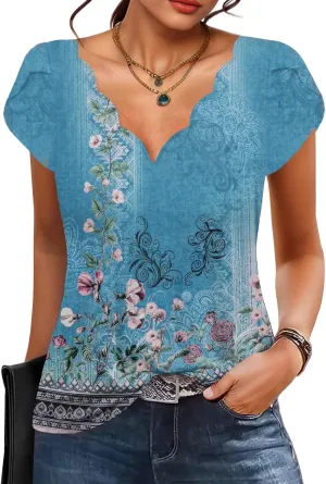 Womens Summer Tops Seashell Edge V Neck Shirts Petal Short Sleeve Top Dressy Casual Tunic Blouses