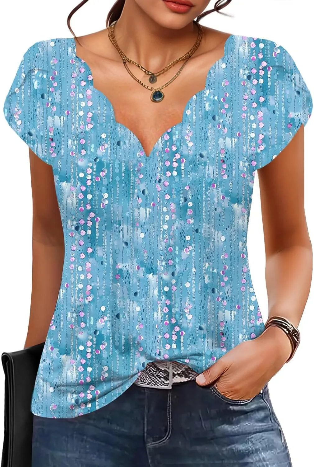 Womens Summer Tops Seashell Edge V Neck Shirts Petal Short Sleeve Top Dressy Casual Tunic Blouses