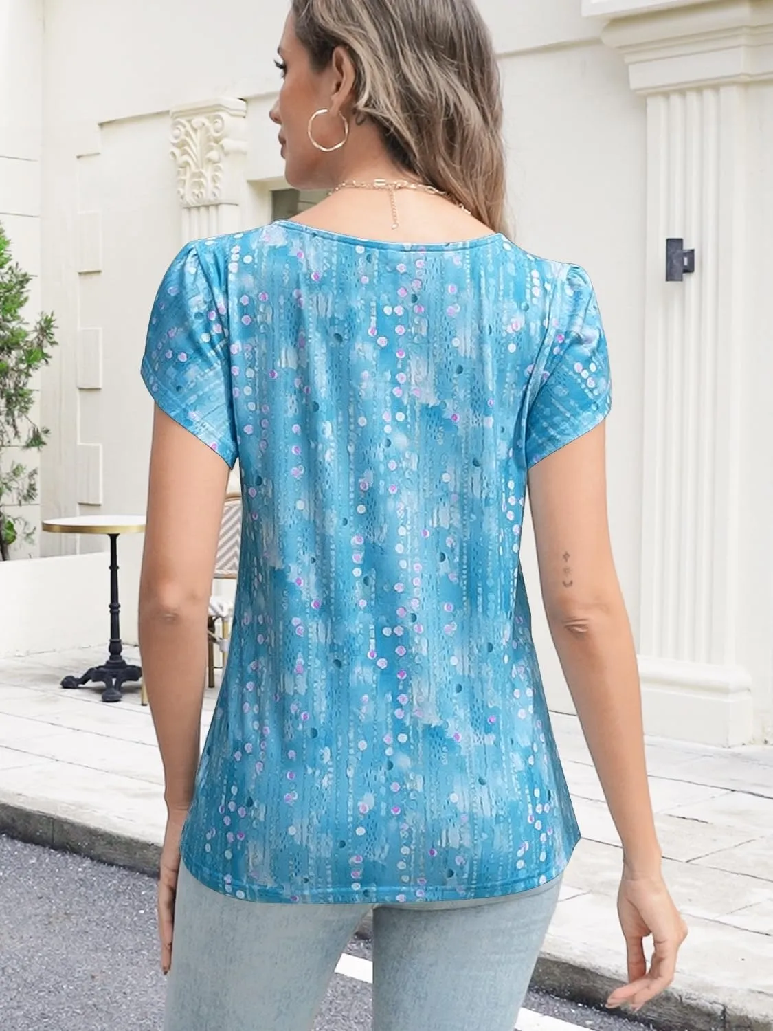 Womens Summer Tops Seashell Edge V Neck Shirts Petal Short Sleeve Top Dressy Casual Tunic Blouses