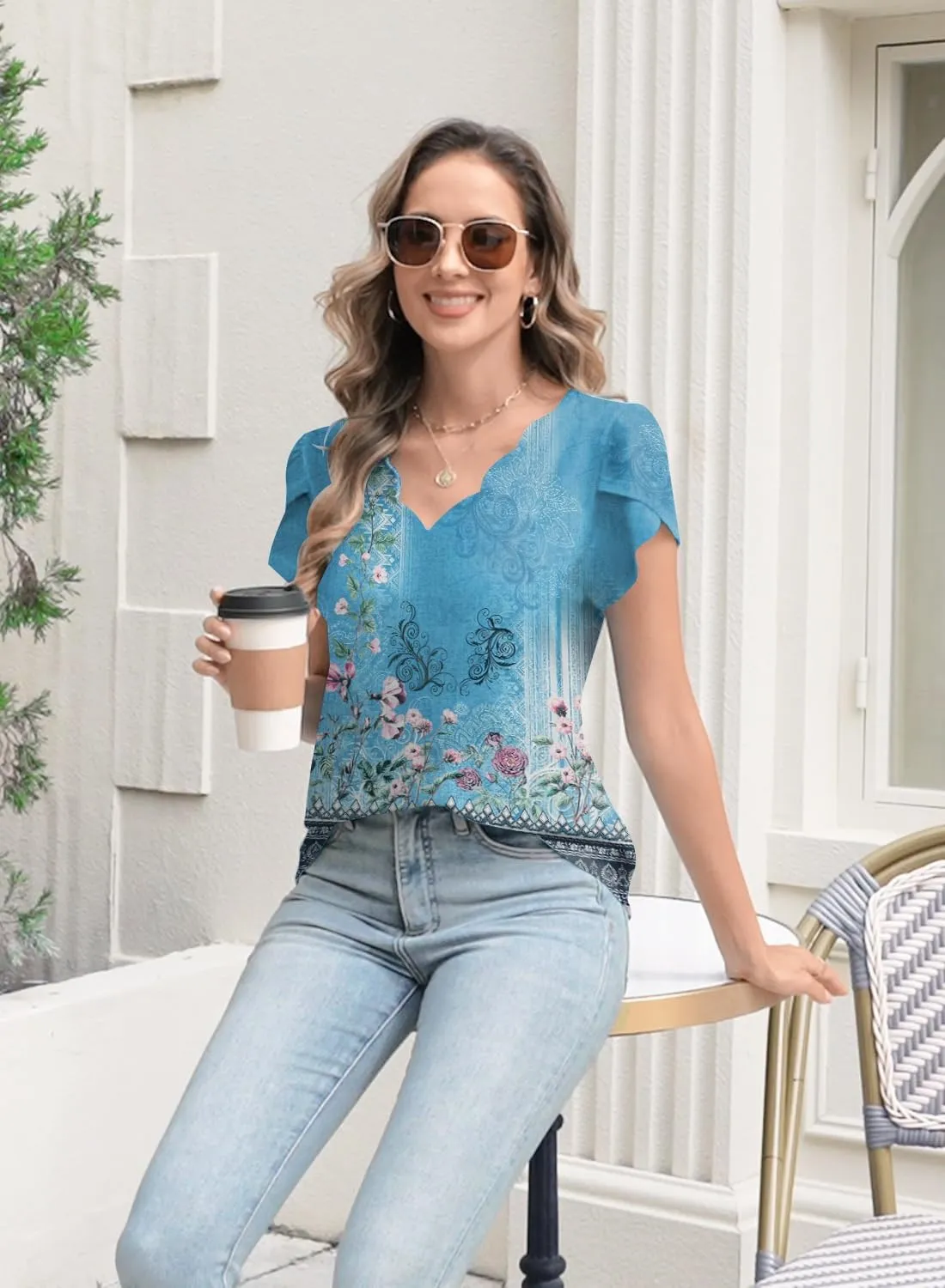 Womens Summer Tops Seashell Edge V Neck Shirts Petal Short Sleeve Top Dressy Casual Tunic Blouses