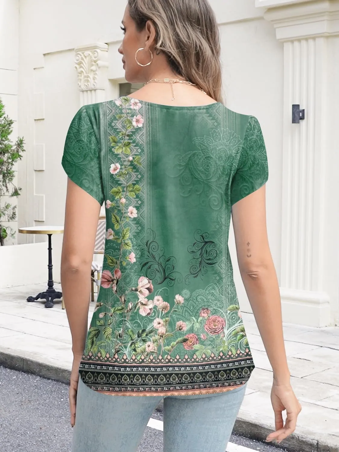 Womens Summer Tops Seashell Edge V Neck Shirts Petal Short Sleeve Top Dressy Casual Tunic Blouses