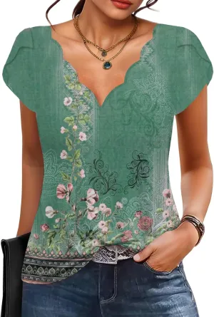 Womens Summer Tops Seashell Edge V Neck Shirts Petal Short Sleeve Top Dressy Casual Tunic Blouses
