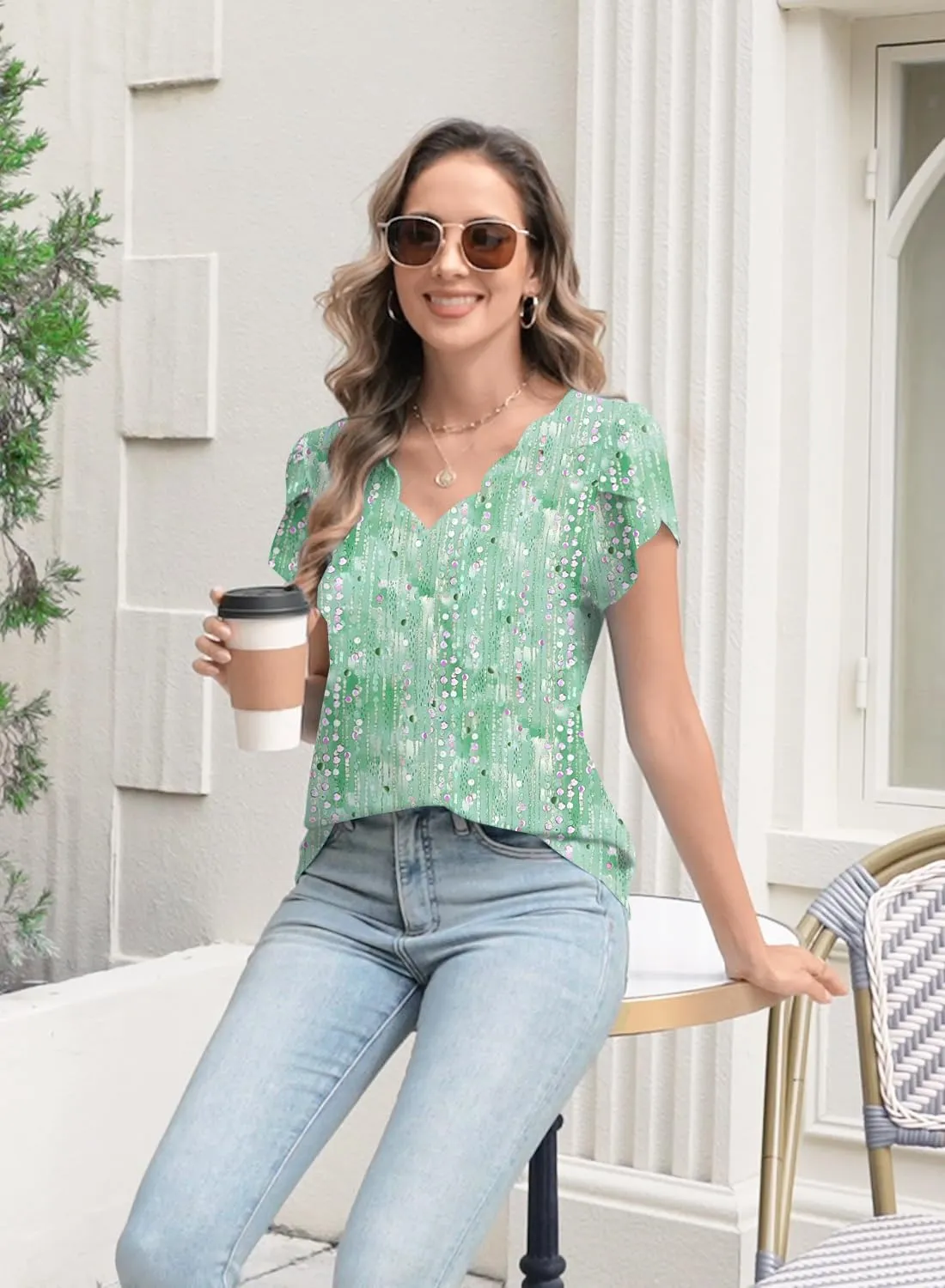 Womens Summer Tops Seashell Edge V Neck Shirts Petal Short Sleeve Top Dressy Casual Tunic Blouses