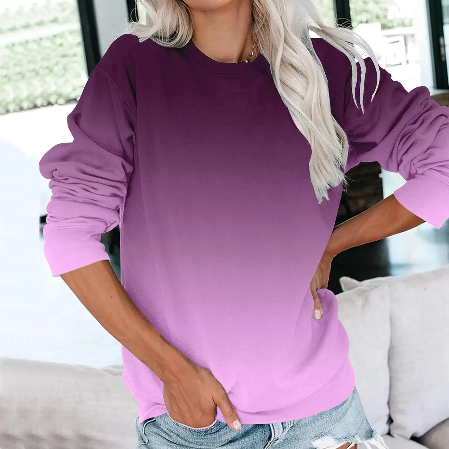 Womens Sweatshirts Crewneck Loose Fitting Tops Long Sleeve Color Block Casual Lightweight Shirts Pullover Blouses