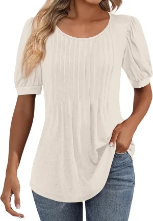 Womens Tops Petal Short Sleeve Summer Casual Crew Neck Shirts Floral Solid Blouse Pleated Tunics
