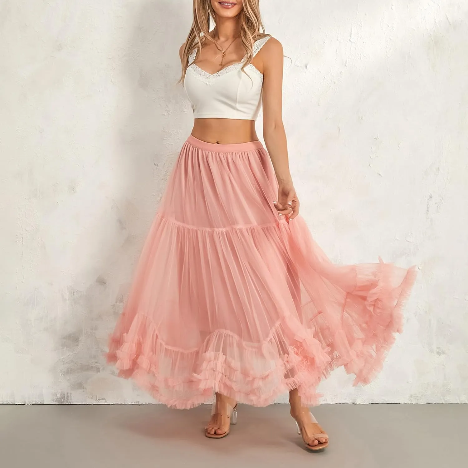 Women's Tulle Midi Skirt Ruffled Pleated Elastic High Waist Flowy A Line Swing Layered Cocktail Party Tutu Skirts