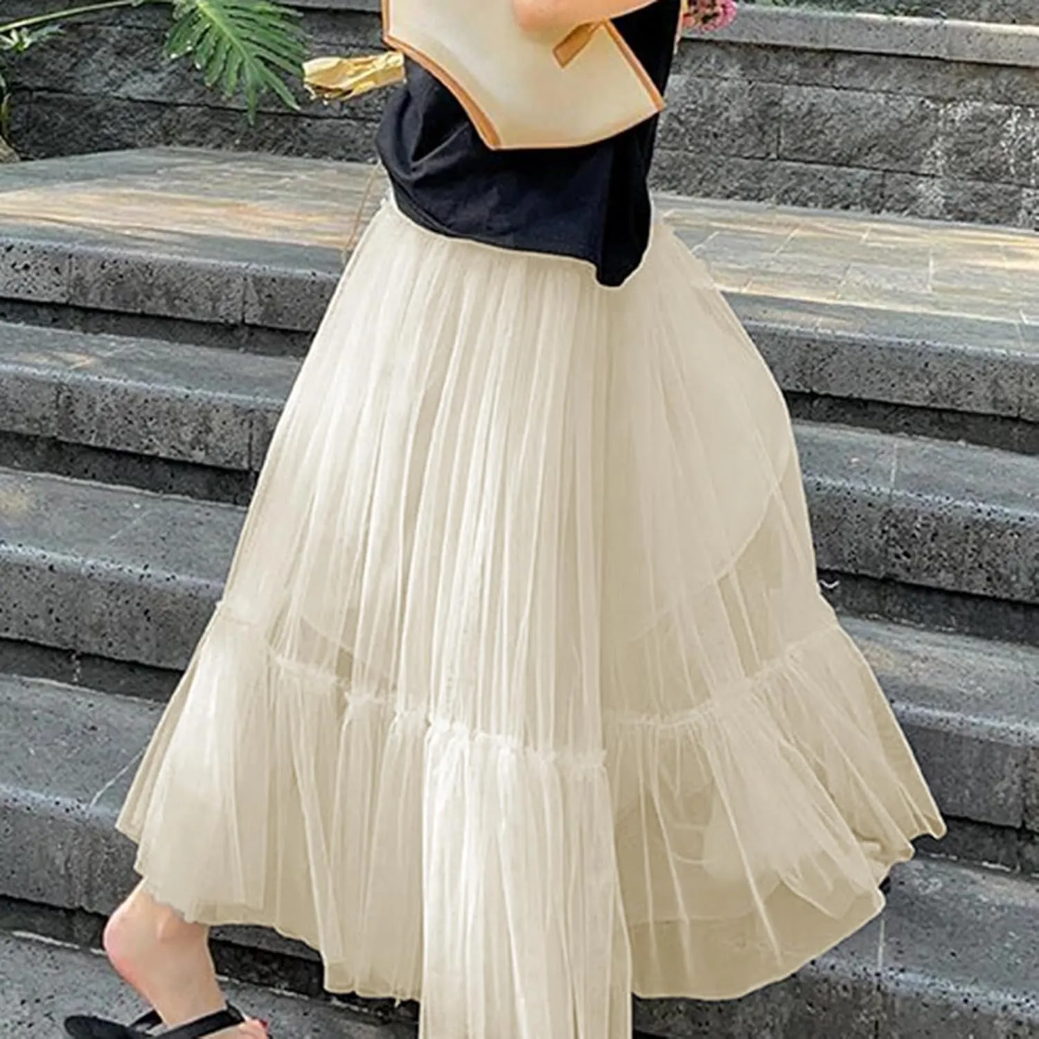Women's Tulle Midi Skirt Ruffled Pleated Elastic High Waist Flowy A Line Swing Layered Cocktail Party Tutu Skirts