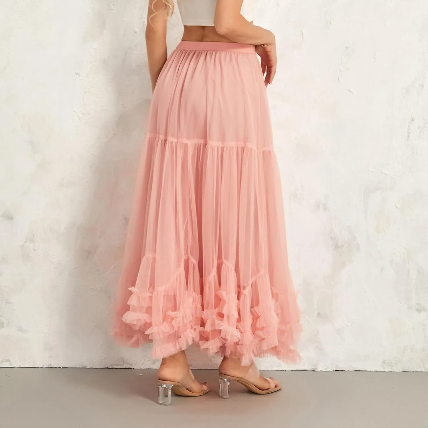 Women's Tulle Midi Skirt Ruffled Pleated Elastic High Waist Flowy A Line Swing Layered Cocktail Party Tutu Skirts