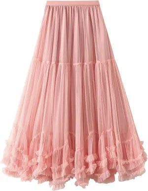 Women's Tulle Midi Skirt Ruffled Pleated Elastic High Waist Flowy A Line Swing Layered Cocktail Party Tutu Skirts