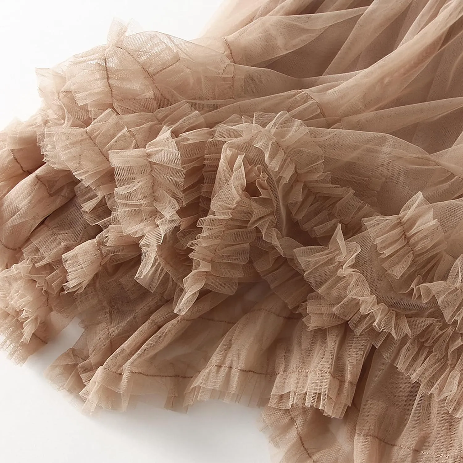Women's Tulle Midi Skirt Ruffled Pleated Elastic High Waist Flowy A Line Swing Layered Cocktail Party Tutu Skirts
