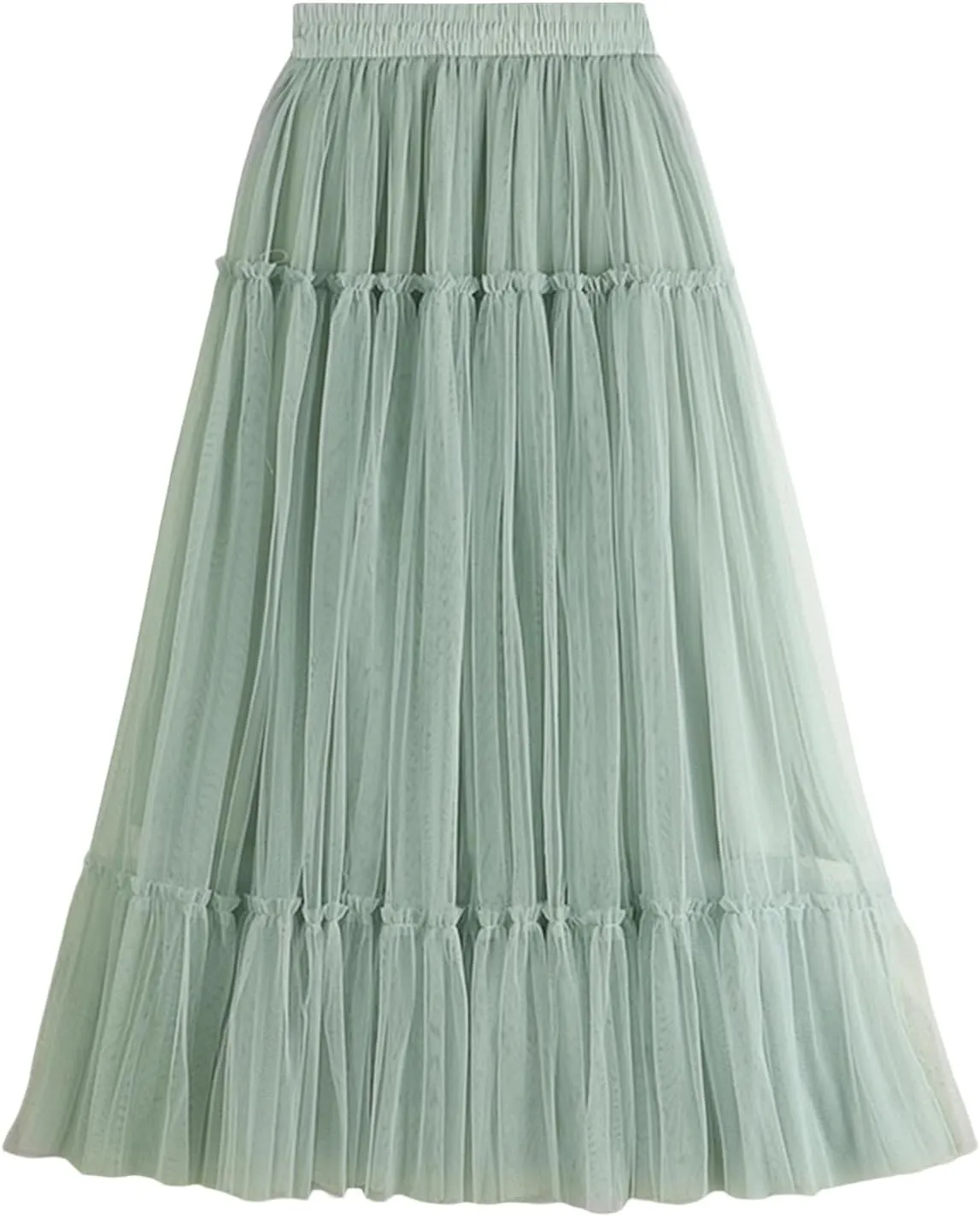 Women's Tulle Midi Skirt Ruffled Pleated Elastic High Waist Flowy A Line Swing Layered Cocktail Party Tutu Skirts