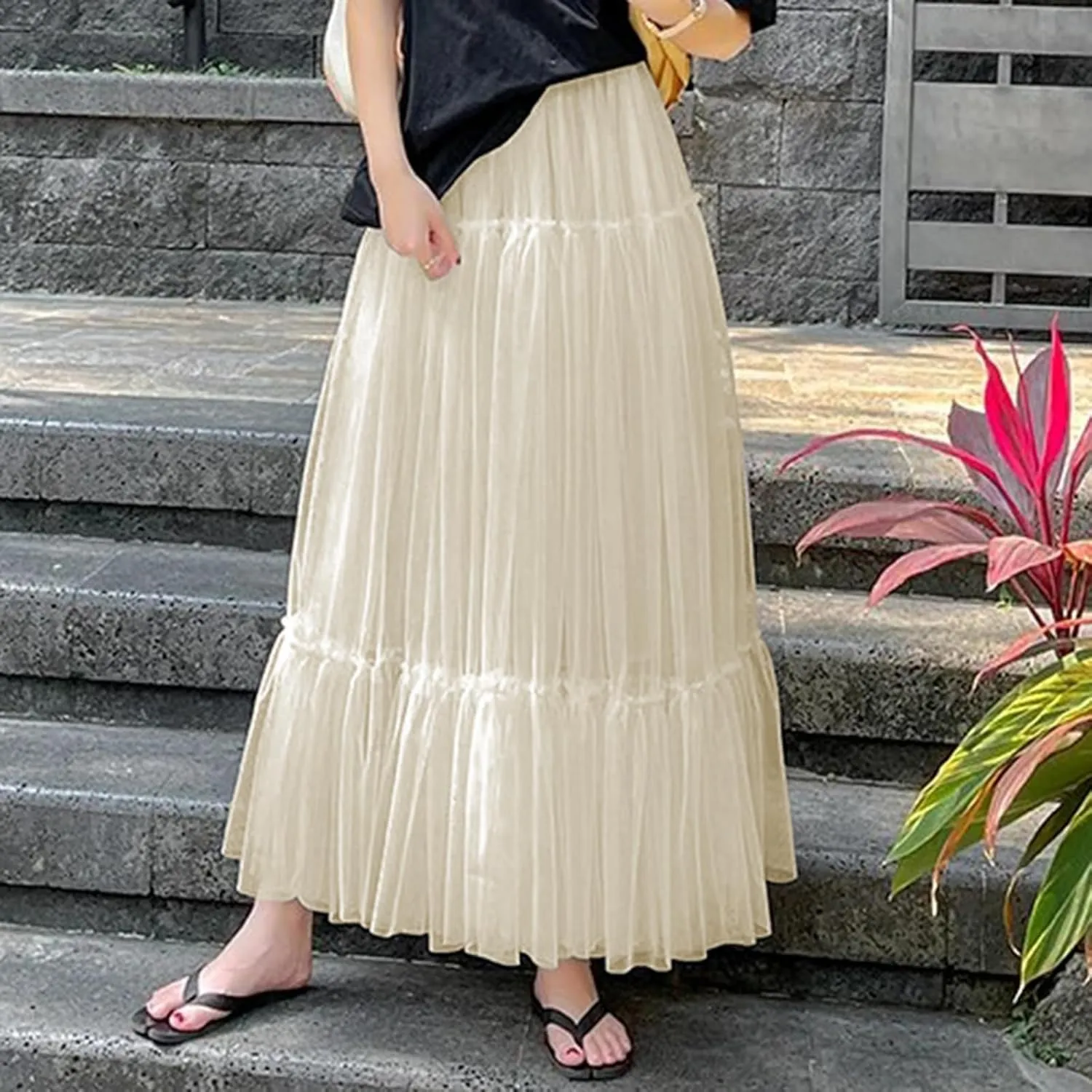Women's Tulle Midi Skirt Ruffled Pleated Elastic High Waist Flowy A Line Swing Layered Cocktail Party Tutu Skirts