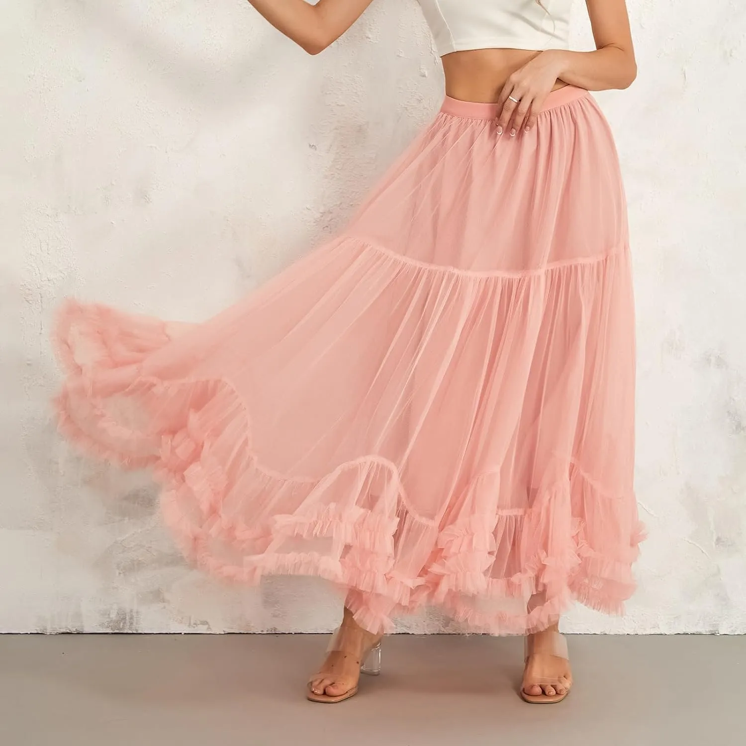 Women's Tulle Midi Skirt Ruffled Pleated Elastic High Waist Flowy A Line Swing Layered Cocktail Party Tutu Skirts