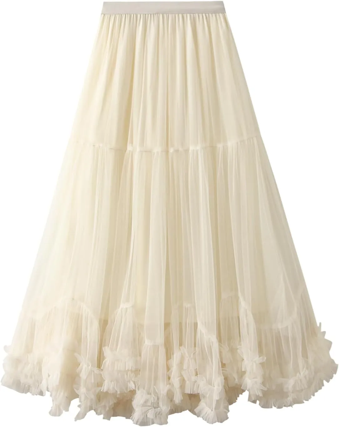 Women's Tulle Midi Skirt Ruffled Pleated Elastic High Waist Flowy A Line Swing Layered Cocktail Party Tutu Skirts