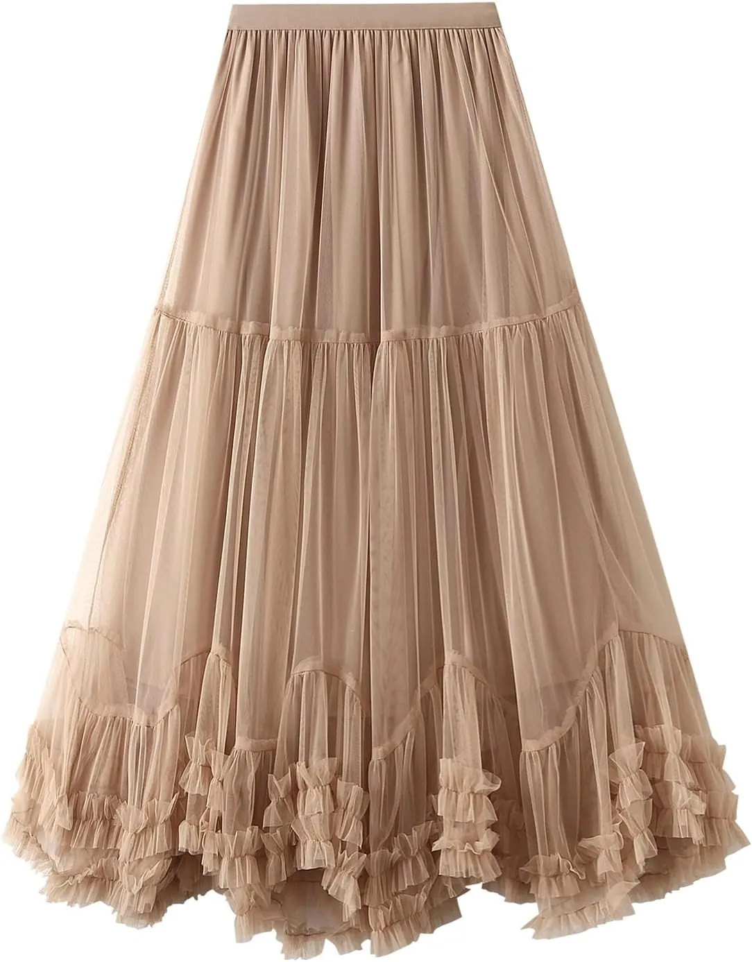 Women's Tulle Midi Skirt Ruffled Pleated Elastic High Waist Flowy A Line Swing Layered Cocktail Party Tutu Skirts