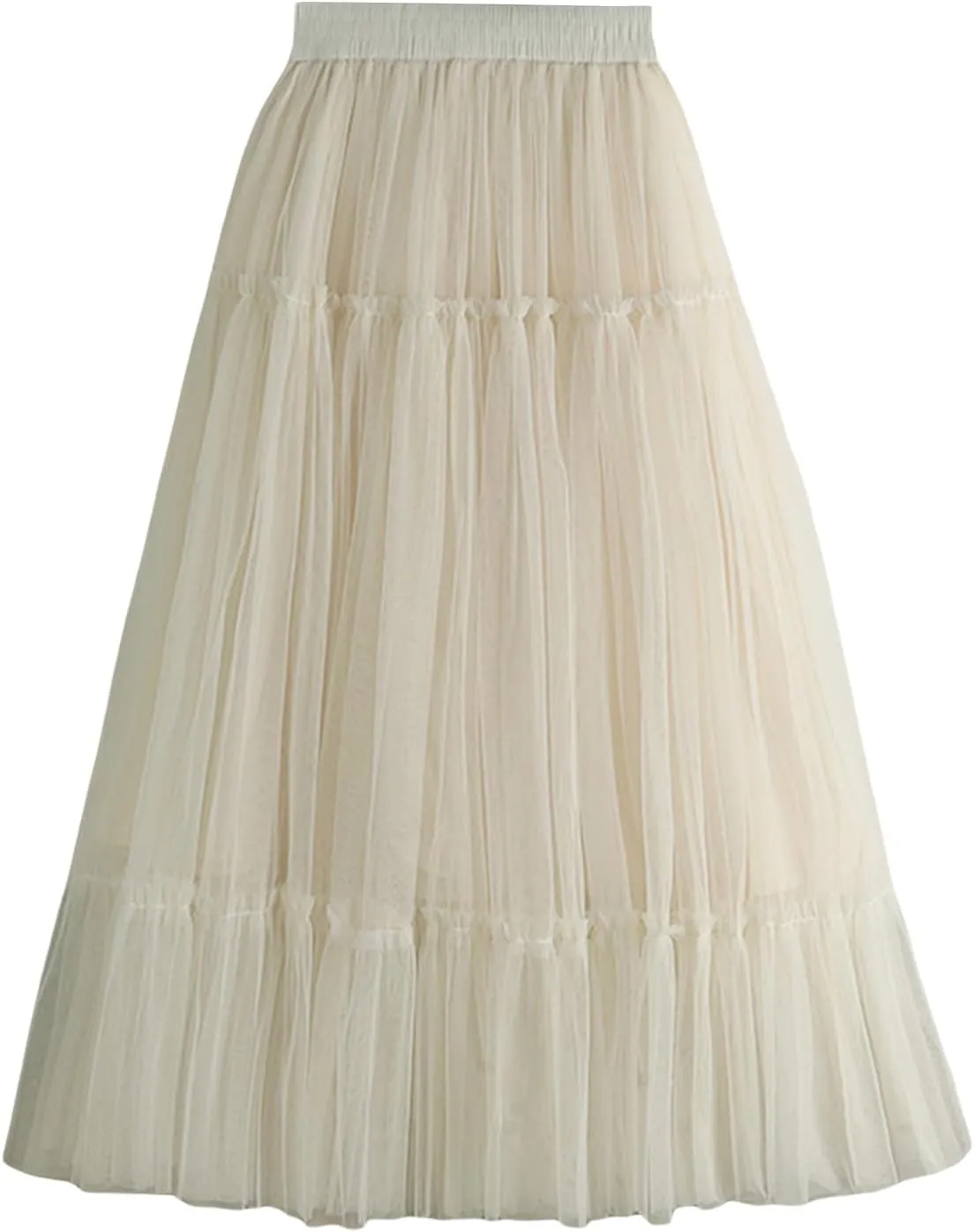 Women's Tulle Midi Skirt Ruffled Pleated Elastic High Waist Flowy A Line Swing Layered Cocktail Party Tutu Skirts