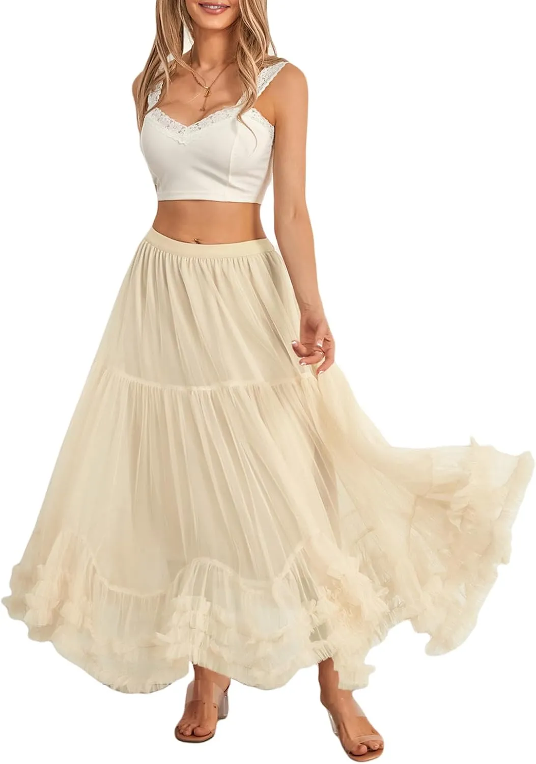 Women's Tulle Midi Skirt Ruffled Pleated Elastic High Waist Flowy A Line Swing Layered Cocktail Party Tutu Skirts