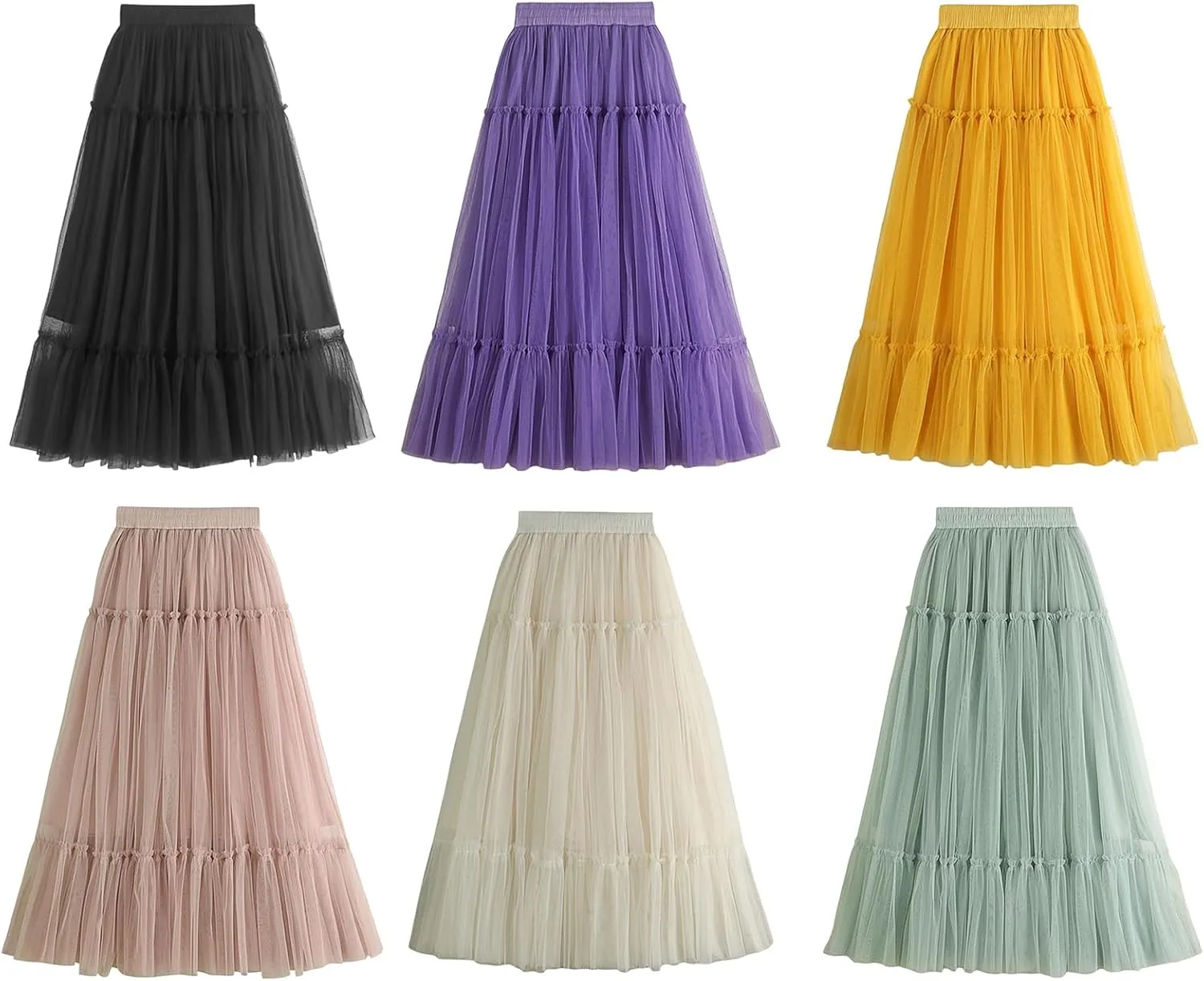 Women's Tulle Midi Skirt Ruffled Pleated Elastic High Waist Flowy A Line Swing Layered Cocktail Party Tutu Skirts