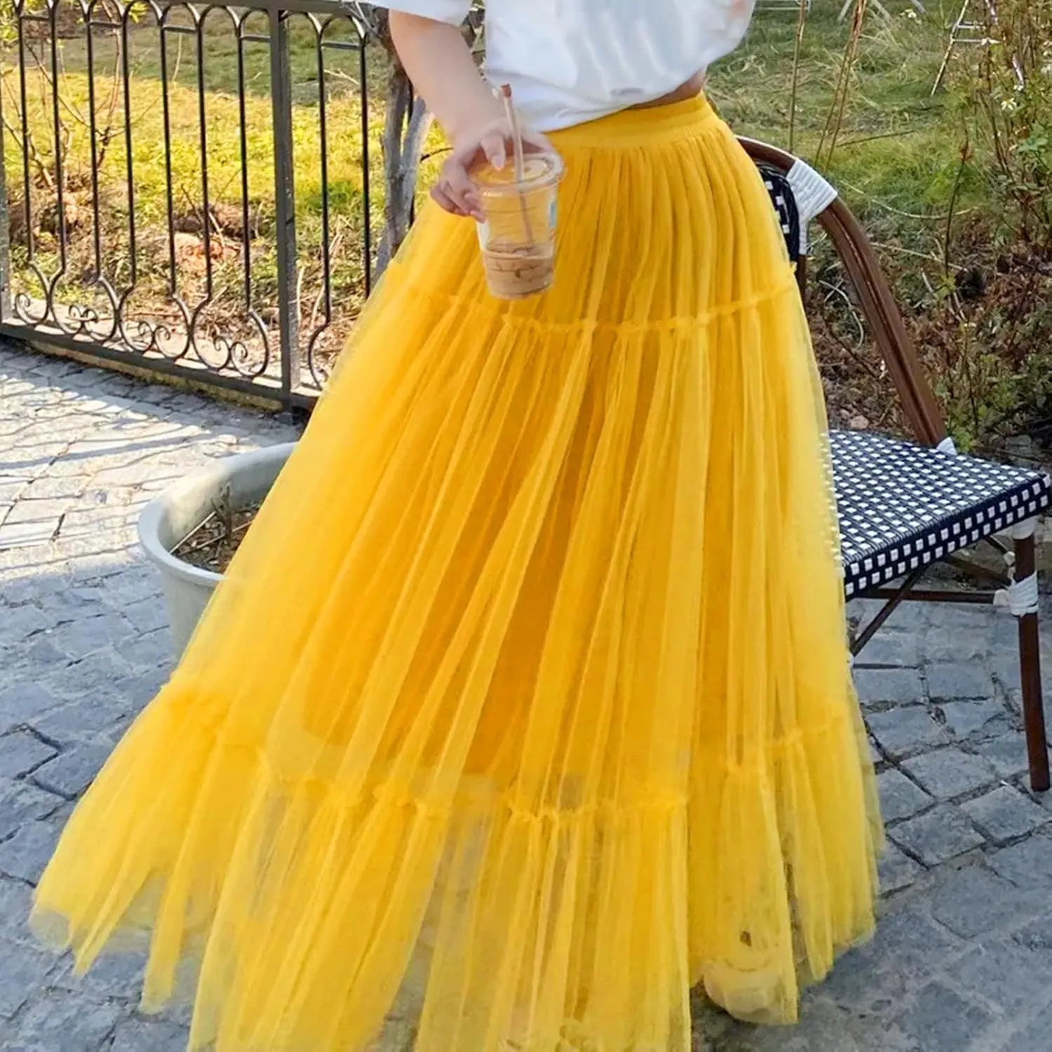 Women's Tulle Midi Skirt Ruffled Pleated Elastic High Waist Flowy A Line Swing Layered Cocktail Party Tutu Skirts