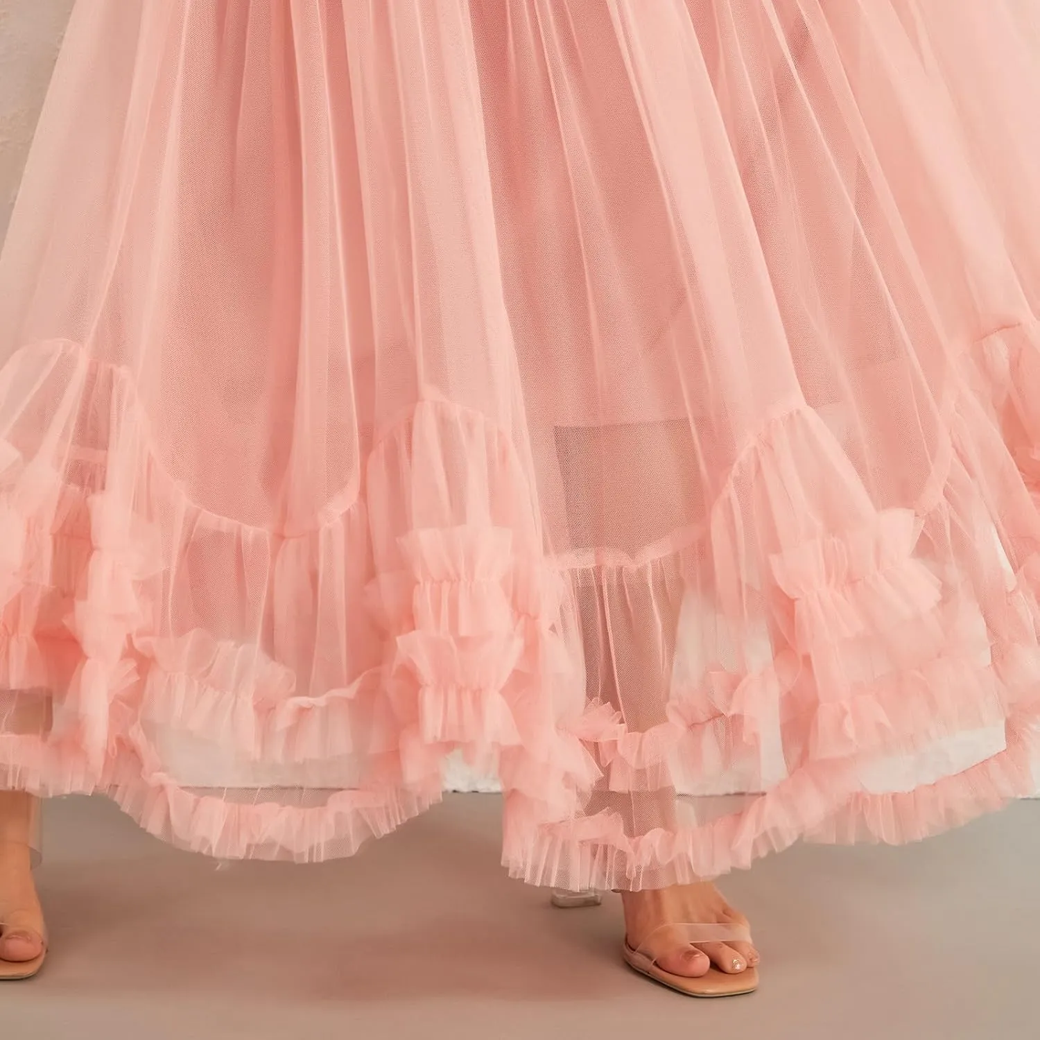 Women's Tulle Midi Skirt Ruffled Pleated Elastic High Waist Flowy A Line Swing Layered Cocktail Party Tutu Skirts