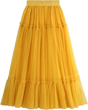 Women's Tulle Midi Skirt Ruffled Pleated Elastic High Waist Flowy A Line Swing Layered Cocktail Party Tutu Skirts