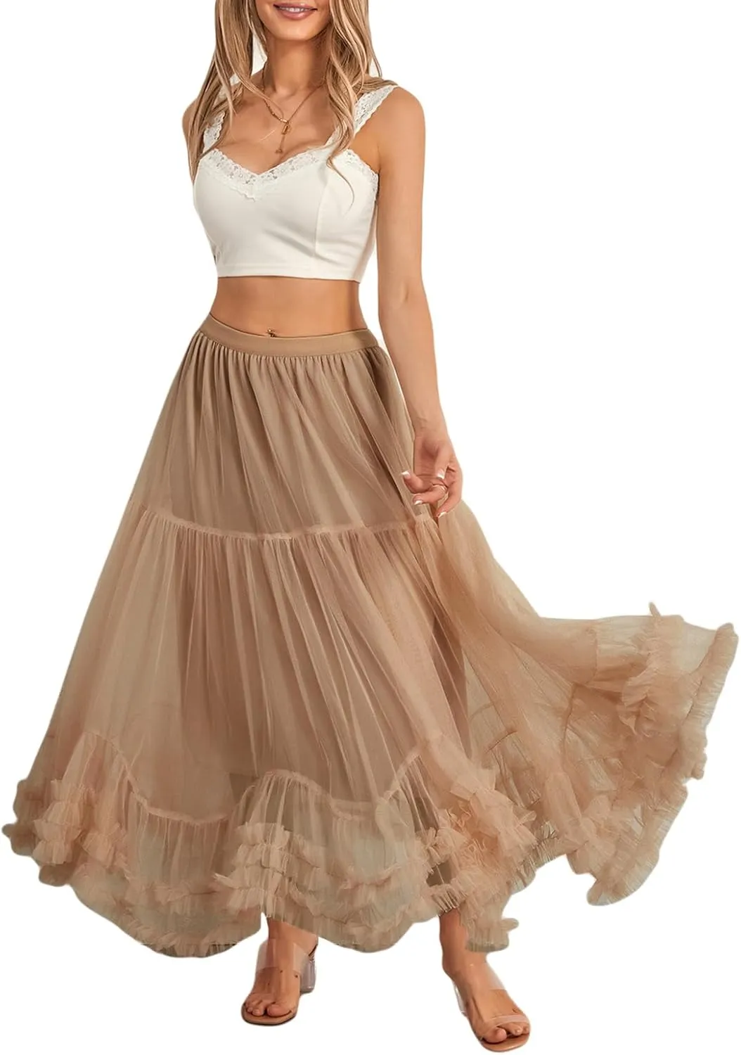 Women's Tulle Midi Skirt Ruffled Pleated Elastic High Waist Flowy A Line Swing Layered Cocktail Party Tutu Skirts
