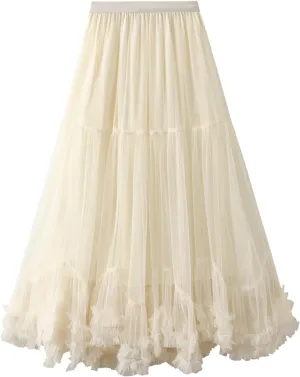Women's Tulle Midi Skirt Ruffled Pleated Elastic High Waist Flowy A Line Swing Layered Cocktail Party Tutu Skirts