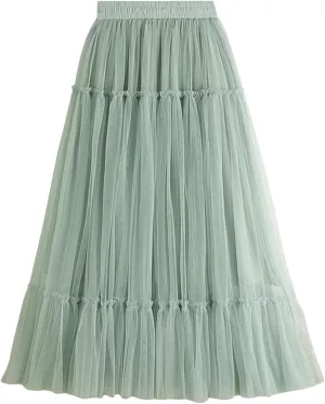 Women's Tulle Midi Skirt Ruffled Pleated Elastic High Waist Flowy A Line Swing Layered Cocktail Party Tutu Skirts