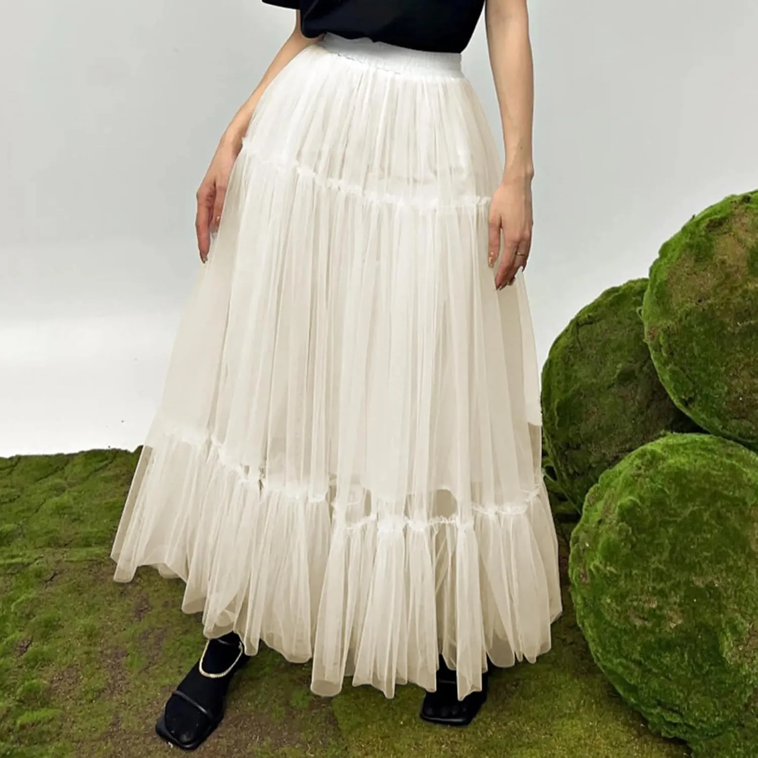 Women's Tulle Midi Skirt Ruffled Pleated Elastic High Waist Flowy A Line Swing Layered Cocktail Party Tutu Skirts