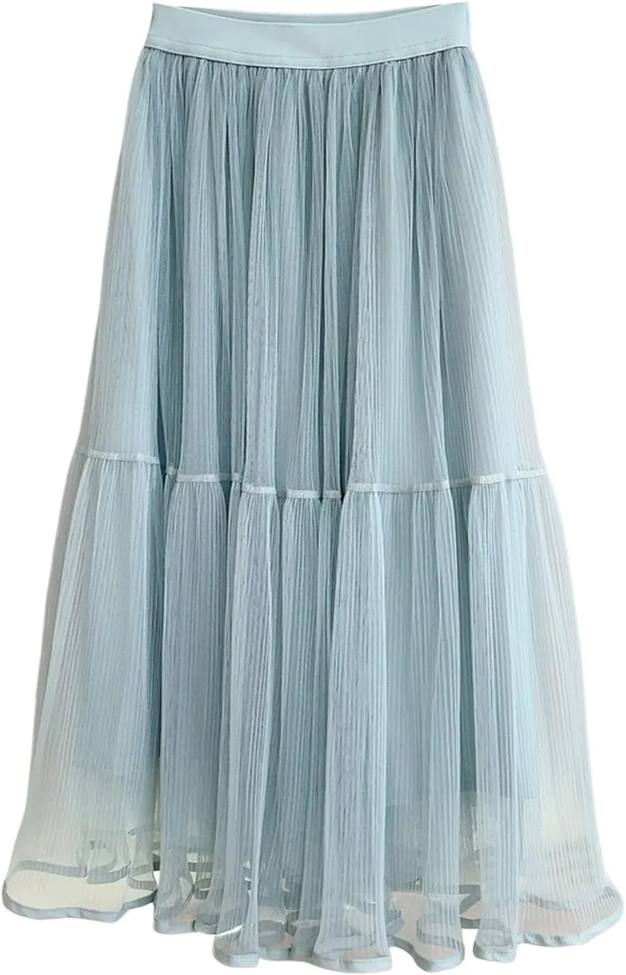 Women's Tulle Pleated Midi Skirt Elastic High Waist Mesh Flowy Tiered A-Line Fairy Long Skirts