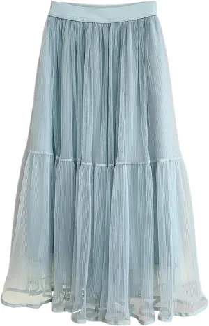 Women's Tulle Pleated Midi Skirt Elastic High Waist Mesh Flowy Tiered A-Line Fairy Long Skirts