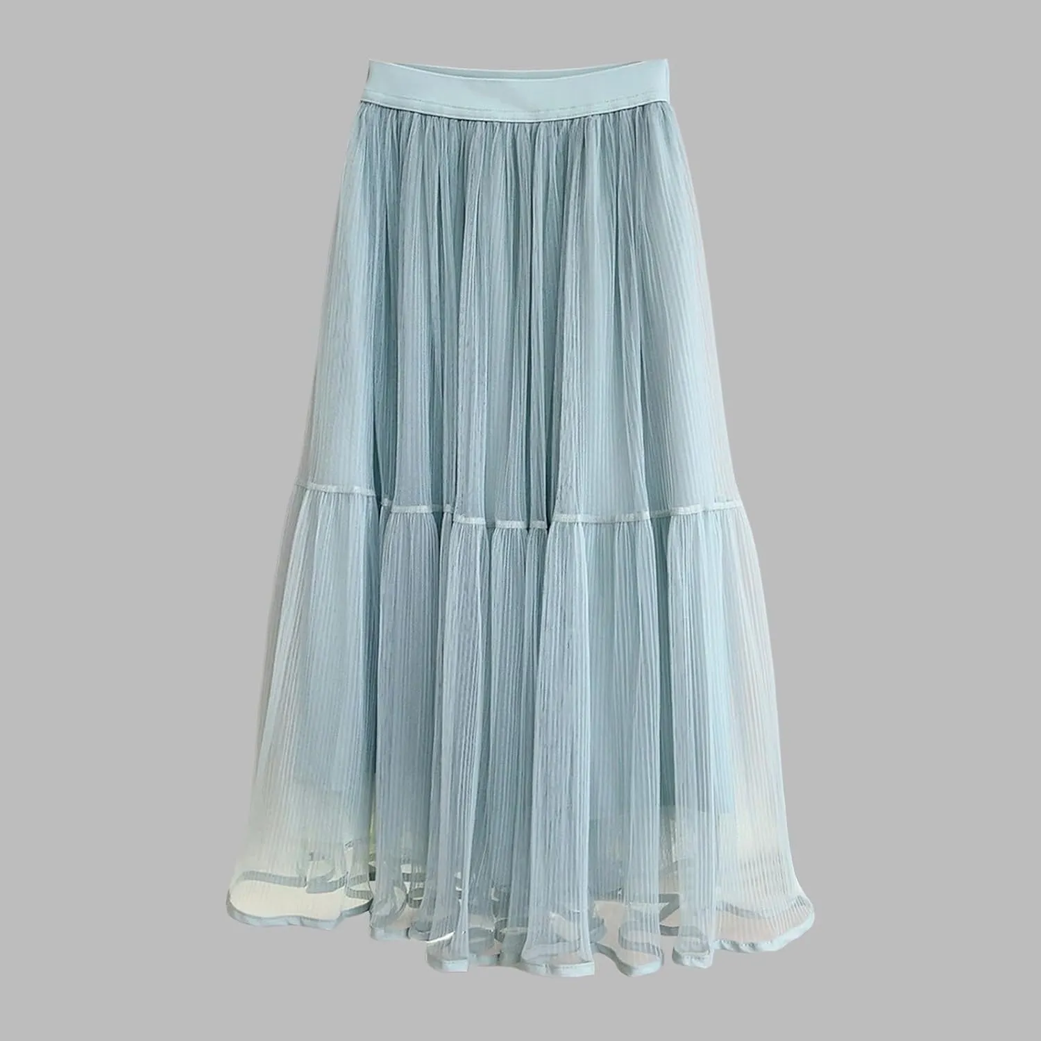 Women's Tulle Pleated Midi Skirt Elastic High Waist Mesh Flowy Tiered A-Line Fairy Long Skirts