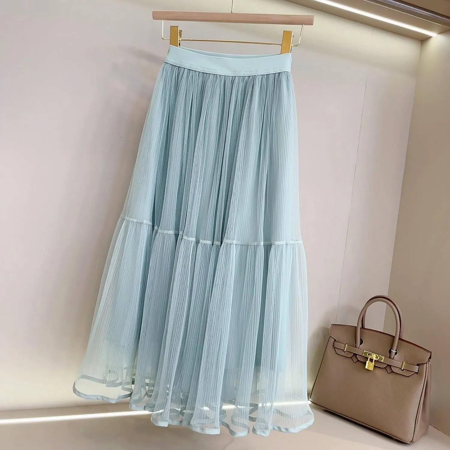Women's Tulle Pleated Midi Skirt Elastic High Waist Mesh Flowy Tiered A-Line Fairy Long Skirts