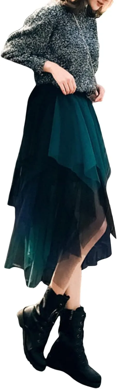 Women's Tulle Skirt Asymmetrical Pleated Elastic High Waist Layered Tutu Skirt Casual Cocktail Party A-Line Mesh Midi Skirt